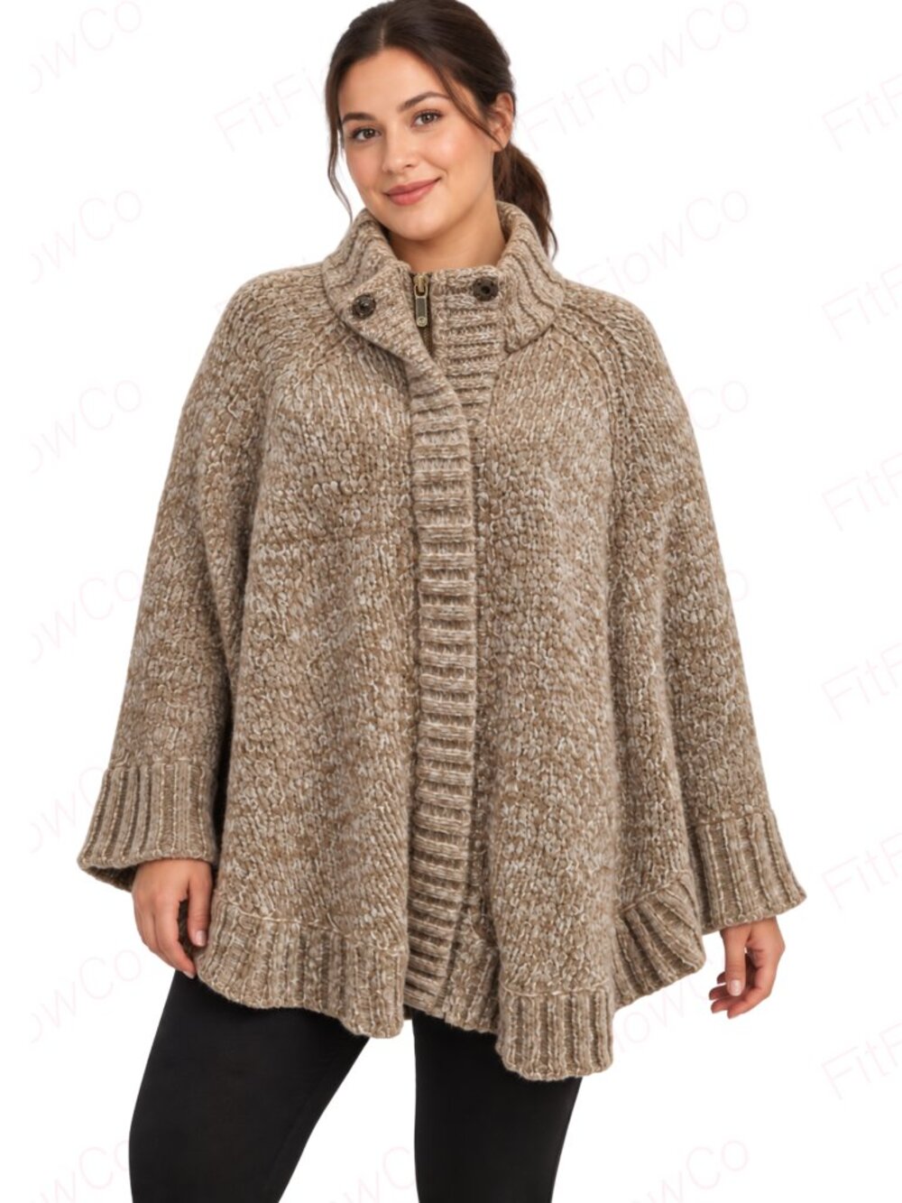 Michael Kors Marled Knit Zip Front Poncho Cape Sweater Beige Tan XL